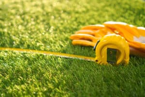 Artificial Grass Background With Measuring Tape And Worker